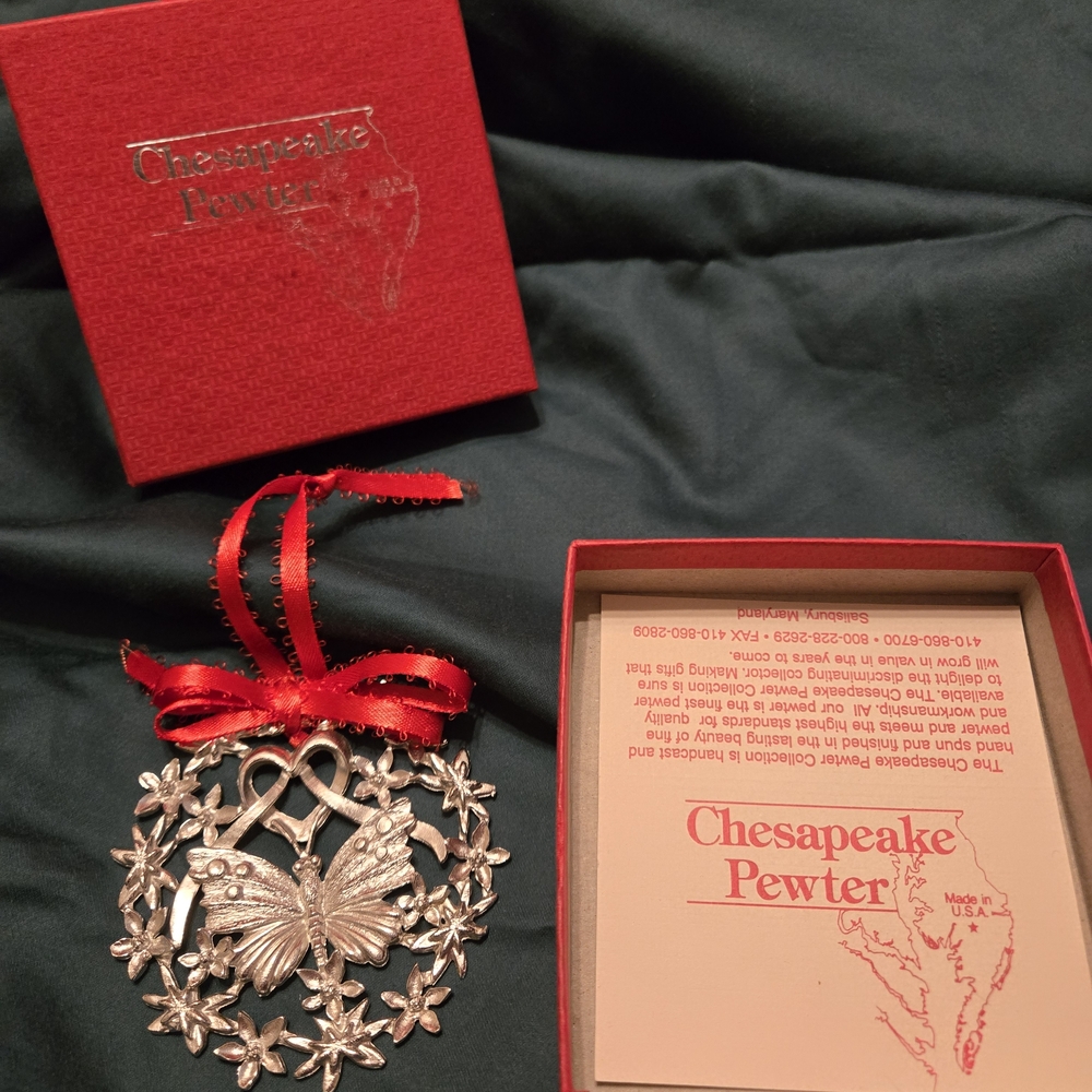 Vintage Chesapeake Pewter Butterfly Ornament with Red Ribbon